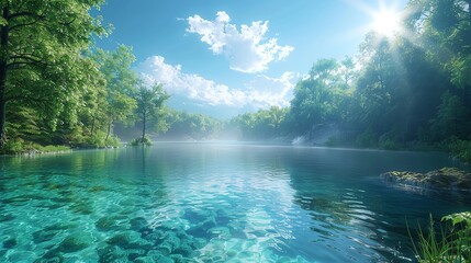 Generate a high quality image of beautiful and serene lake surrounded by lush greenery and a bright blue sky with white clouds