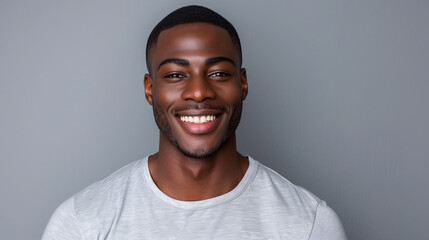 studio portrait from the shoulders up features an african american male model wearing a white t shirt with a gray background