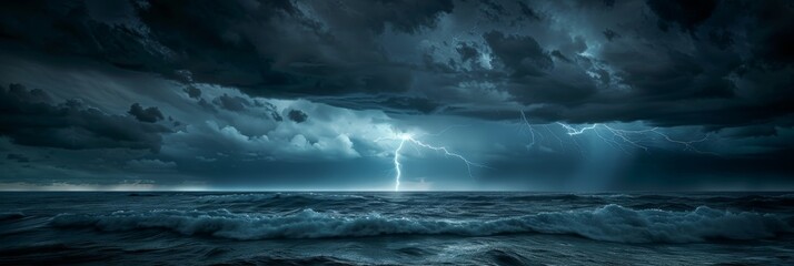 Dramatic view of a night-time storm with multiple lightning strikes over the sea.