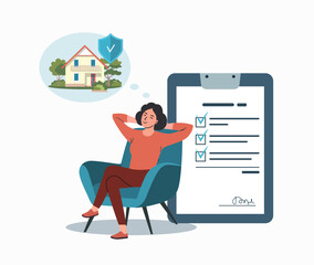 Real estate insurance concept. A woman sits in a chair in a relaxed position and thinks about the security of the house. Vector illustration.