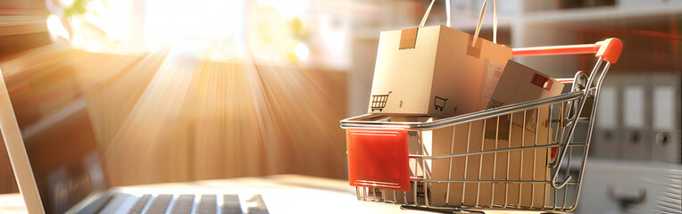 Online Shopping concept, product package box in cart on table and blurred shopping mall background
