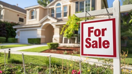 House with sign "For Sale" in front of a house in a suburban setting