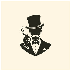 illustration silhouette of man wear top hat mustache and smoking cigar