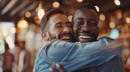 Obraz premium Happy black man hugging his white friend at a coffee shop