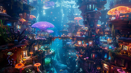 Bustling Underwater Metropolis: Anthropomorphic Sea Creatures Amid Coral Reefs and Bioluminescent Plants