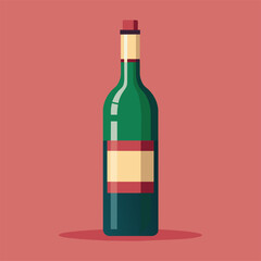 Green wine bottle with red cap on pink background, glass, rectangular shape