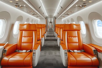 Obraz premium high end premium airplane interior with orange leather seats and white walls