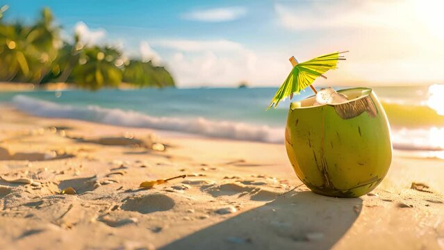 A coconut drink with a green umbrella sits on the sandy beach near the ocean, under the setting sun, surrounded by palm trees and a lively coastline.