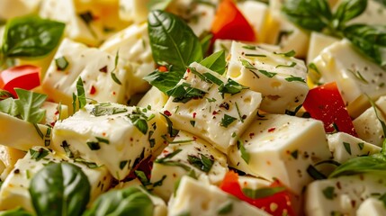 Freshly chopped halloumi cheese with a mix of herbs and vegetables, close-up shot, ideal for food advertising, bright and vibrant