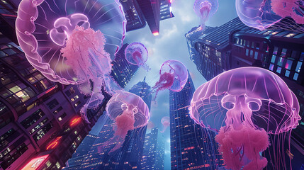 Digital Art: Neon Cityscape with Giant Jellyfish Floating Amid Skyscrapers
