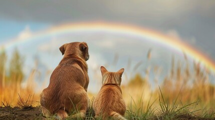 Cat and dog looking at rainbow - concept of pets passing away