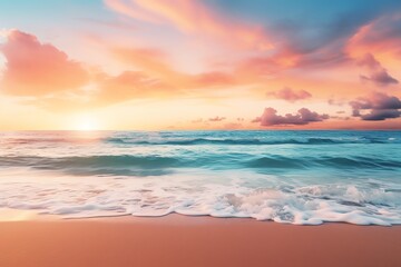 Stunning beach sunset with vibrant skies, gentle waves, and golden sands. Perfect for travel, relaxation, and nature-themed projects.