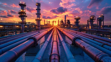 Oil and gas refinery plant or petrochemical industry on sky sunset background