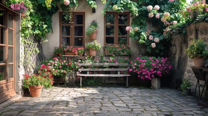 Naklejka premium A stone patio with a bench and potted plants