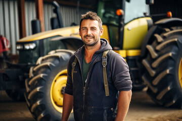 Portrait of confident farmer standing with hands in pockets in front of tractor