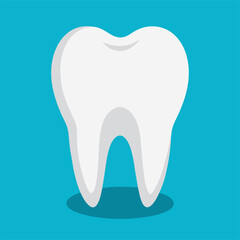 A white tooth with a shadow on a blue background represents dental hygiene
