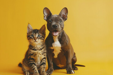 Dog and cat sitting for photo, isolated, yellow background, pets, companions