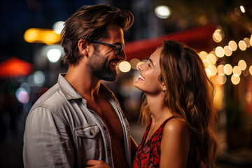The woman flirtatiously looks at the man, night city bokeh background