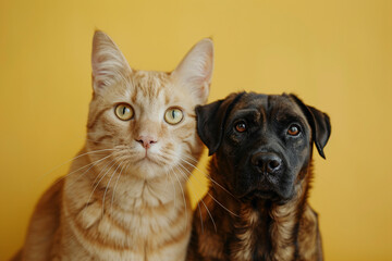 Dog and cat sitting for photo, isolated, yellow background, pets, companions