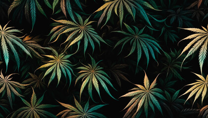 Fototapeta premium Cannabis texture. Green leaves of marijuana. Background from cannabis leaves