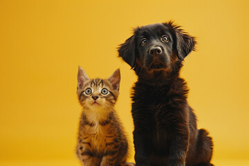 Dog and cat sitting for photo, isolated, yellow background, pets, companions