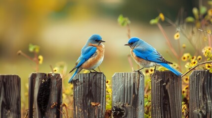 Two blue birds sitting on top of a wooden fence