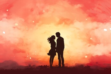 Fototapeta premium Romantic couple silhouette at sunset with vibrant, dreamy sky and love theme. Perfect for Valentine concepts and romantic designs.