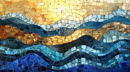 An artistic representation of azure and gold waves in the ocean, inspired by the natural landscape of an Ecoregion with mountainous landforms AIG50