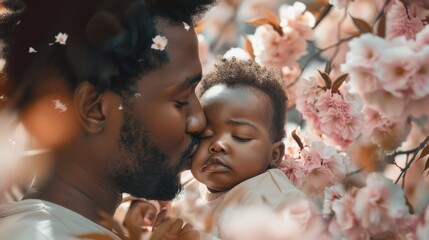 A man kissing a baby in front of a flowering tree