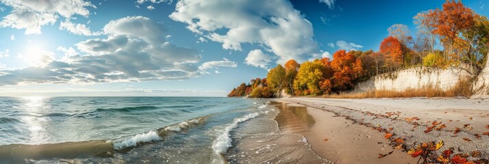 Wide panoramic shot of a beach surrounded by trees in bright autumn hues. - Powered by Adobe