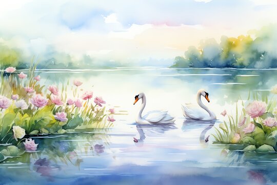 Serene watercolor painting of two swans on a tranquil lake surrounded by blooming flowers and soft, pastel colors.