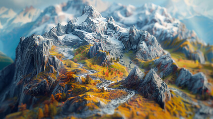 A captivating miniature painting of a majestic mountain range, with snow-capped peaks, rugged...