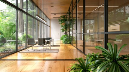 Modern office interior with glass walls, a wooden floor, and furniture, illuminated by light, concept of workspace design. 3D Rendering