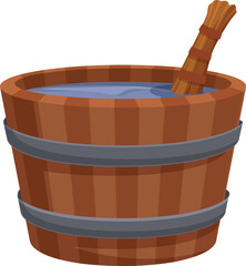 Illustrated image of a traditional wooden bucket filled with water, accompanied by a wooden dipper