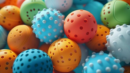 Obraz premium Envision an eye-catching display of pickleball multicolored sports balls, meticulously rendered in a close-up 3D rendering. 