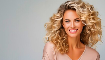 Beautiful woman with long, blonde curly hair, wearing a pastel top, and smiling radiantly against a simple, light background with ample copy space.