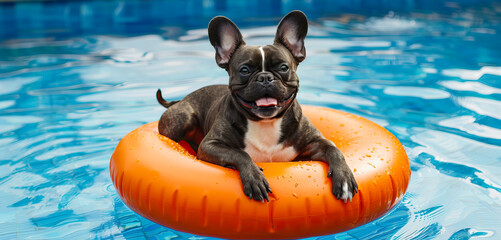 Happy French Bulldog lying on an orange inflatable ring in the pool, banner with space for text