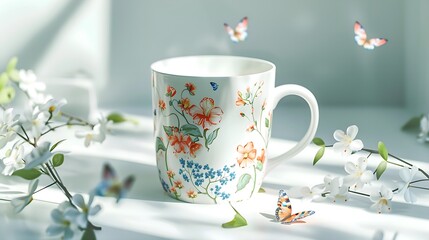 Fototapeta premium cute floral mug with blossoms and butterflies on table