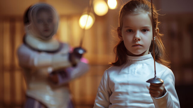 A young girl dressed in a fencing outfit holds a single, silver epee pointed upwards Behind her, a blurred image of two fencers clashing swords represents the dynamic nature of the