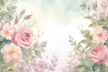 Elegant watercolor flowers, featuring pink roses and green foliage, perfect for wedding invitations, backgrounds, or elegant designs.