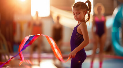 A young girl dressed in a gymnastics leotard stands on a balance beam, a single, colorful ribbon swirling around her The blurred image of other gymnasts performing complex routines