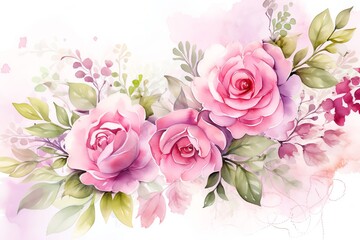 Beautiful watercolor painting of pink roses with green leaves and delicate background, perfect for floral artwork appreciation.