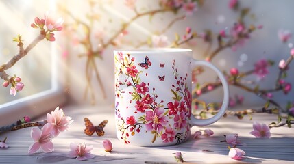 cute floral mug with blossoms and butterflies on table