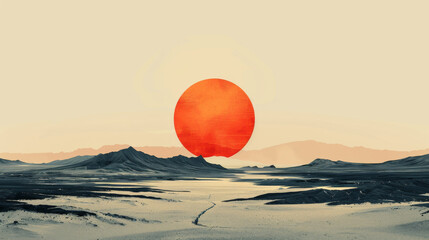 A large orange sun is in the sky over a large body of water