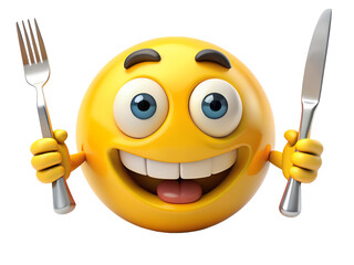 Ready to Feast: 3D Hungry Yellow Emoticon with Knife and Fork.