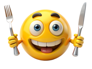 Ready to Feast: 3D Hungry Yellow Emoticon with Knife and Fork.