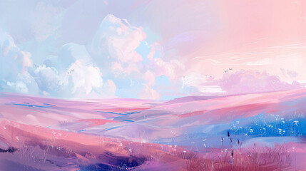 A painting of a pink and blue sky with clouds and a field of flowers