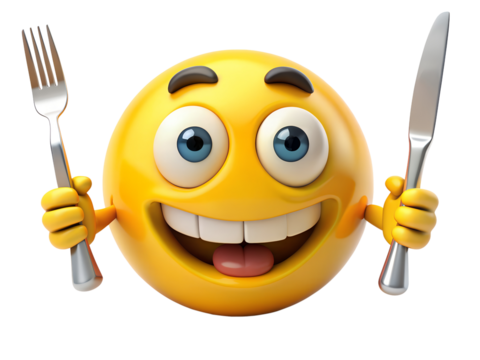 Ready to Feast: 3D Hungry Yellow Emoticon with Knife and Fork.