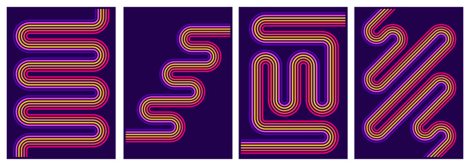 retrofuturism poster design in trend retro line style and neon colors on black dark background. modern art wall poster retro vintage 70s style stripes background template lines shapes vector design