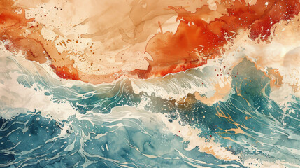 A painting of a wave with a splash of red and orange